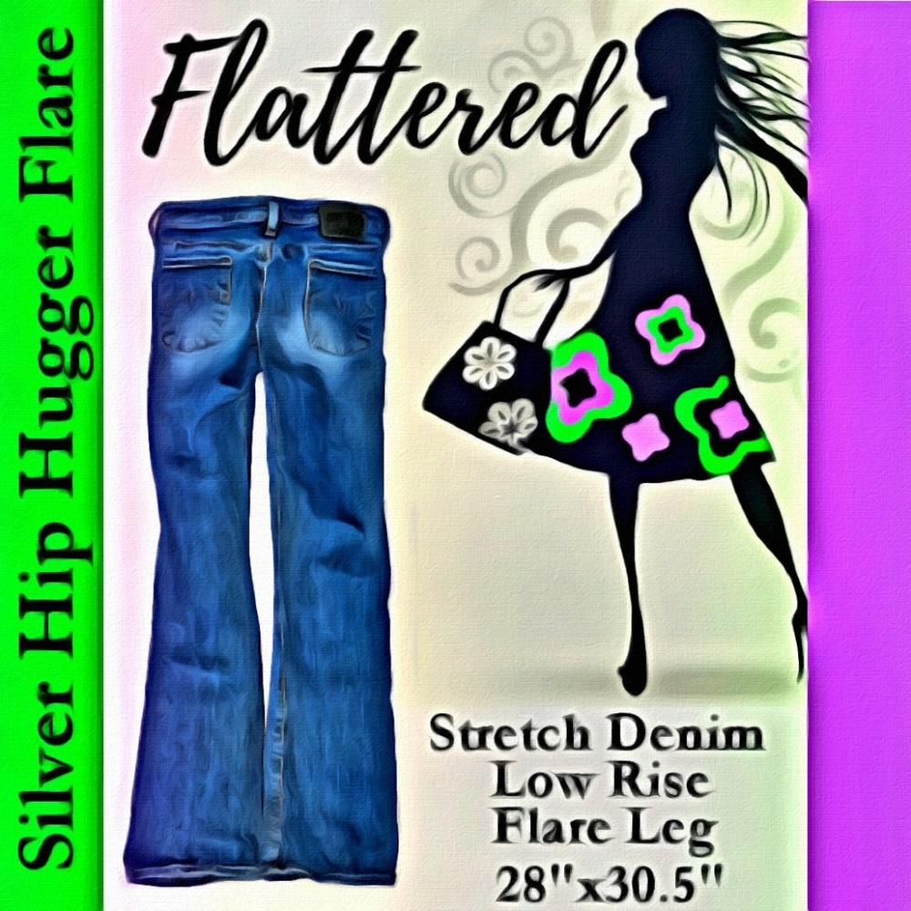 SILVER Hip Hugger Flare Leg Stretch Denim Low Rise